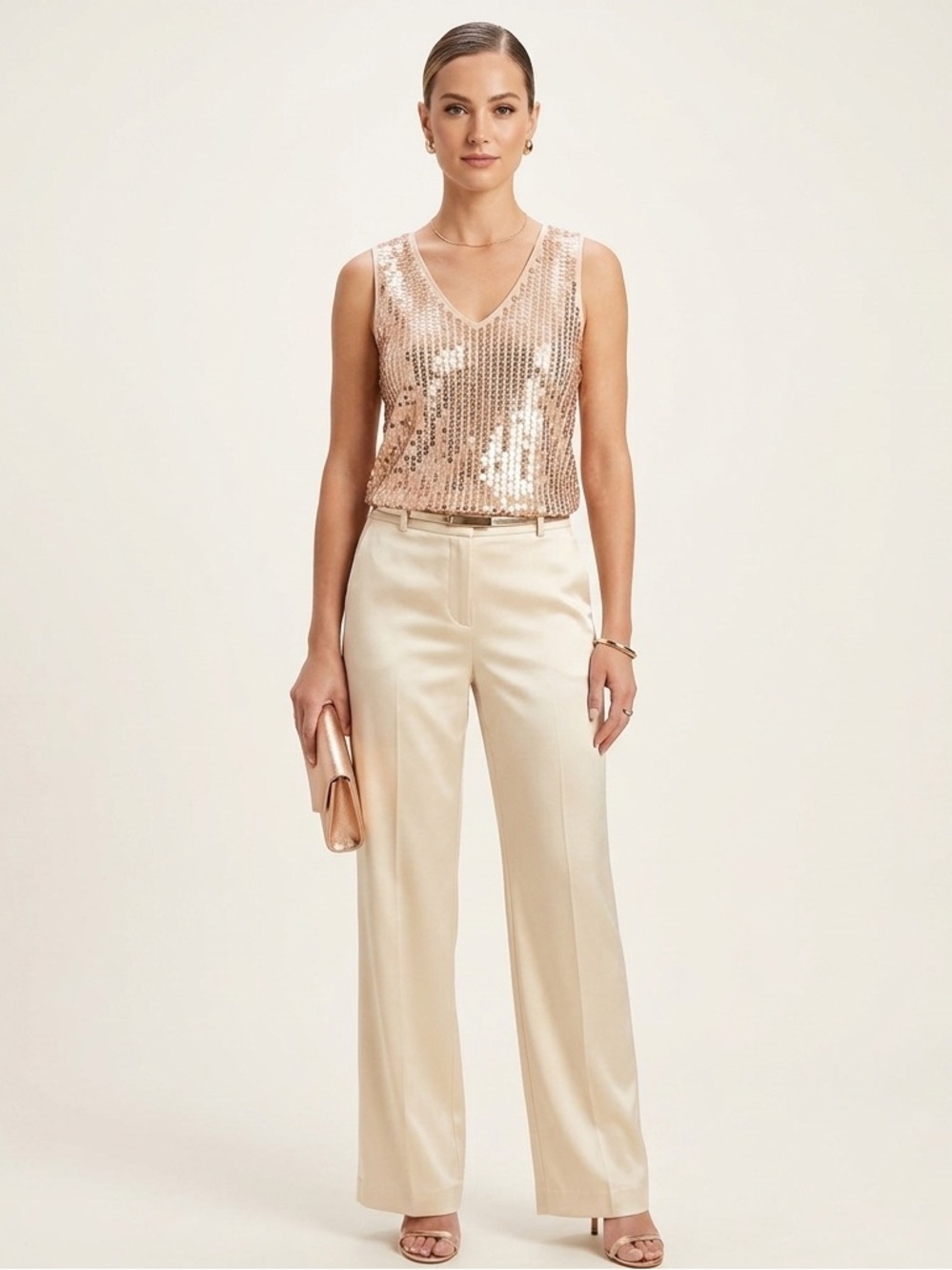 Joan Vass Rose Gold Pink Sequin Sleeveless Tank Size 2 Large